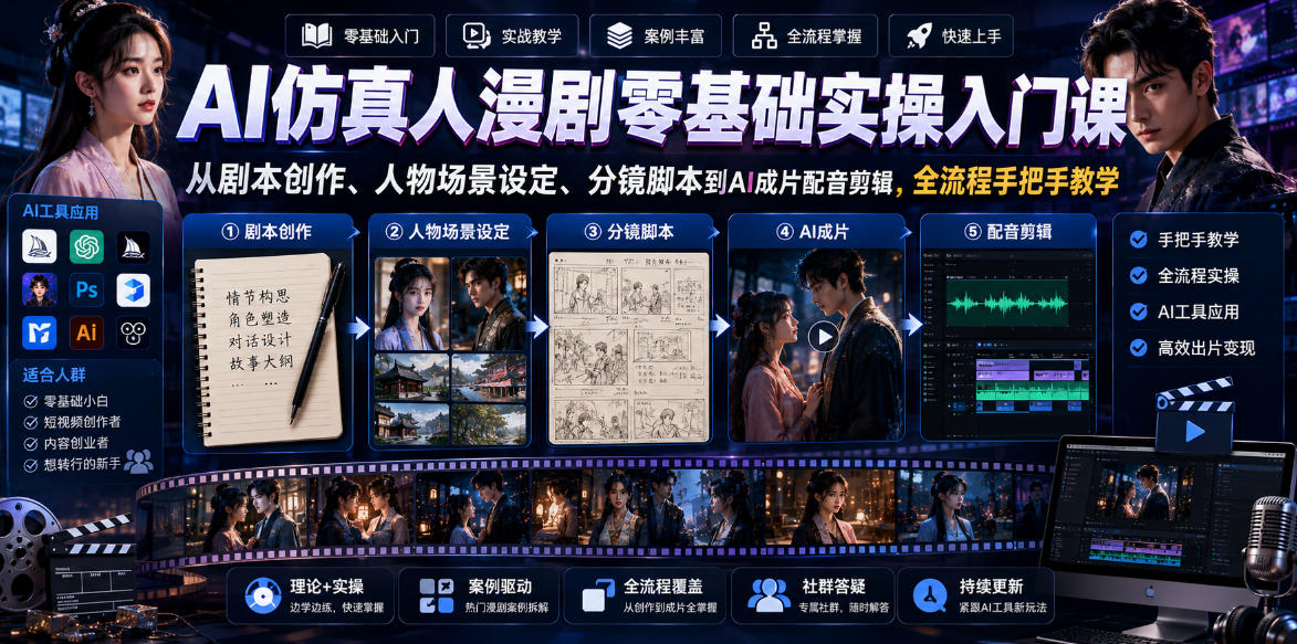 AI仿真人漫剧零基础实操入门课,从剧本创作、人物场景设定、分镜脚本到AI成片配音剪辑,全流程手把手教学-智云网创 - 网创副业项目资源站