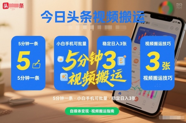 今日头条视频搬运，5分钟一条，小白手机可批量，稳定日入3张-智云网创 - 网创副业项目资源站