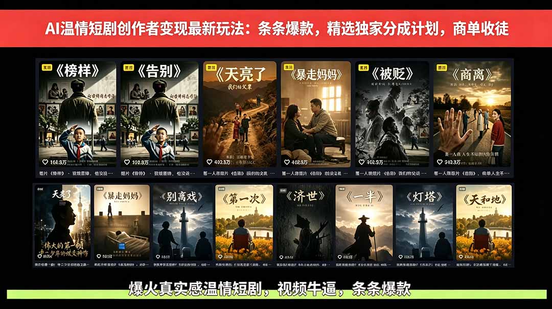 AI温情短剧创作者变现最新玩法:视频牛逼,条条爆款,精选独家分成计划,商单收徒-智云网创 - 网创副业项目资源站