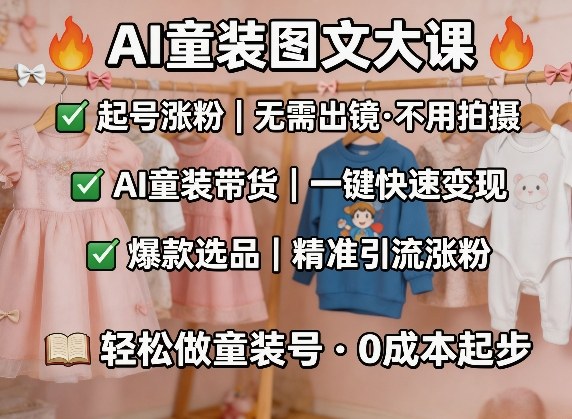 AI童装图文剪辑,某社群童装图文大课,起号涨粉、AI童装带货、爆款选品,无需出镜和拍摄