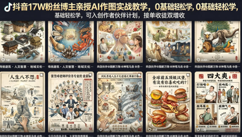 抖音17W粉丝博主亲授AI作图实战教学,0基础轻松学,可入创作者伙伴计划,接单收徒双增收-智云网创 - 网创副业项目资源站