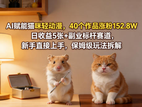 AI赋能猫咪轻动漫,40个作品涨粉152.8W,日收益5张+副业标杆赛道,新手直接上手,保姆级玩法拆解-智云网创 - 网创副业项目资源站