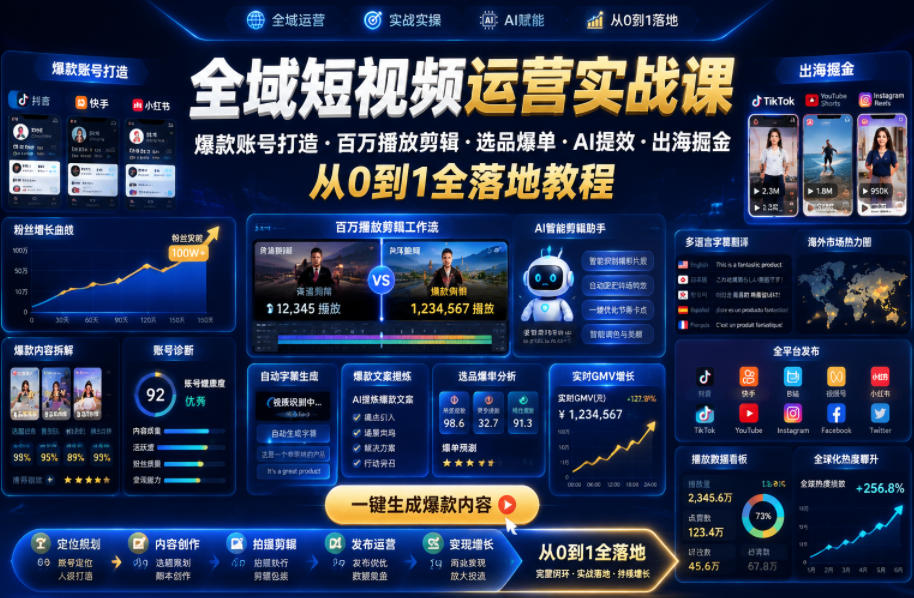 全域短视频运营实战课,爆款账号打造・百万播放剪辑・选品爆单・AI提效・出海掘金,从0到1全落地教程-智云网创 - 网创副业项目资源站
