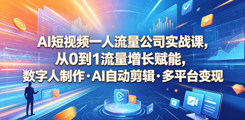 AI短视频一人流量公司实战课,从0到1流量增长赋能,数字人制作・AI自动剪辑・多平台变现,一人做流量生意全落地教程-智云网创 - 网创副业项目资源站