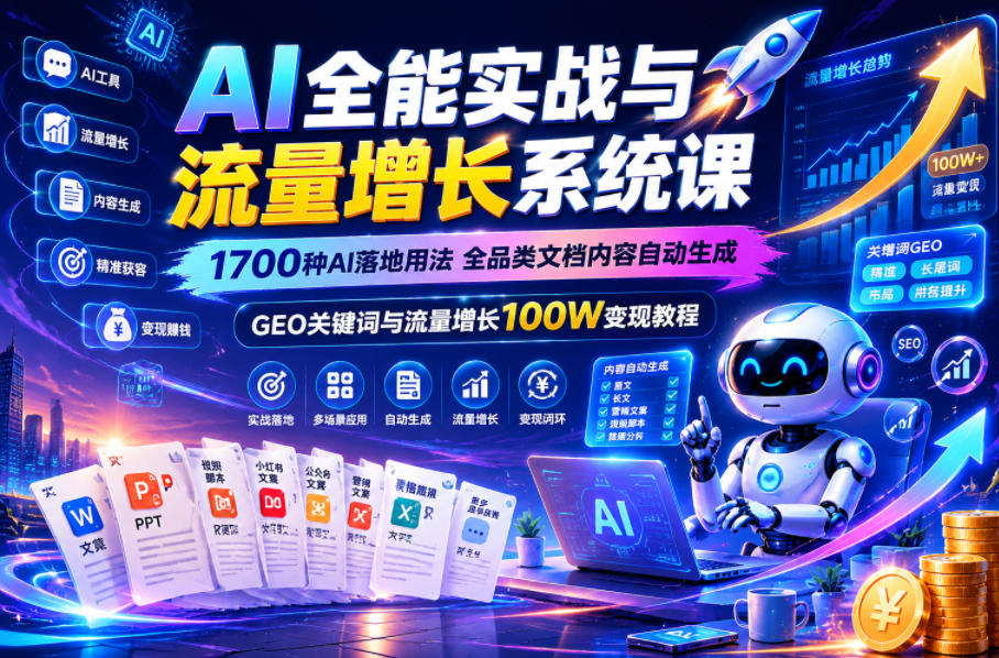 AI全能实战与流量增长系统课，1700种AI落地用法，全品类文档内容自动生成，GEO关键词与流量增长100W变现教程-智云网创 - 网创副业项目资源站