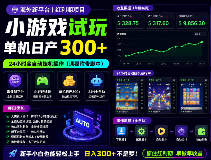 海外新平台，小游戏试玩，单机日产300+，24小时全自动挂G操作（课程附带脚本）【揭秘】-智云网创 - 网创副业项目资源站