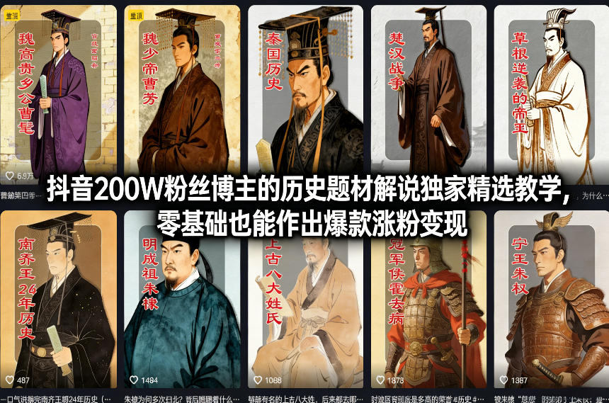 抖音200W粉丝博主的历史题材解说独家精选教学,零基础也能作出爆款涨粉变现