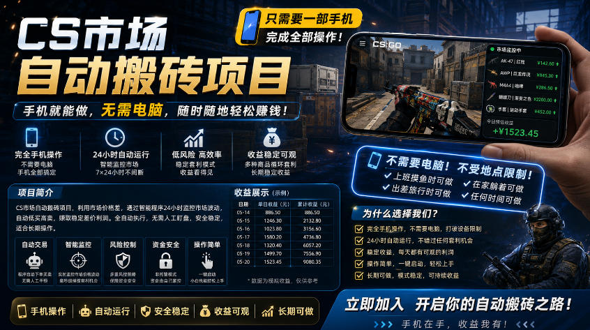 手机即可操作的CS市场自动搬砖系统｜自动监控｜自动下单|日入300+【揭秘】-智云网创 - 网创副业项目资源站