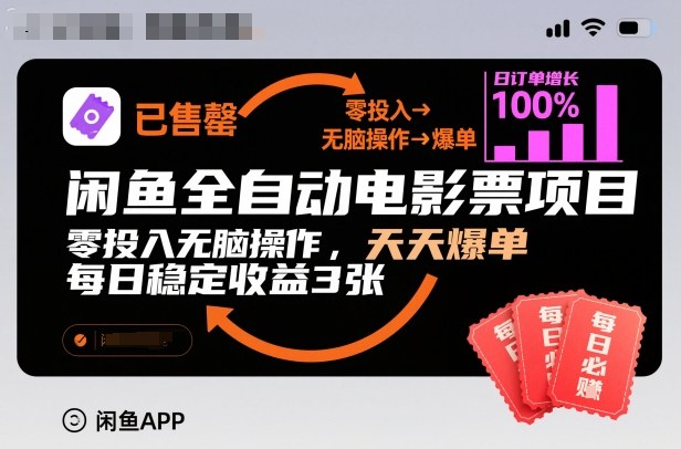 闲鱼全自动电影票项目,零投入无脑操作,天天爆单,每日稳定收益3张【揭秘】-智云网创 - 网创副业项目资源站