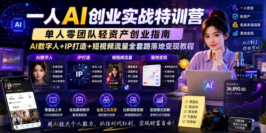 一人AI创业实战特训营，单人零团队轻资产创业指南，AI数字人+IP打造+短视频流量全套路落地变现教程-智云网创 - 网创副业项目资源站