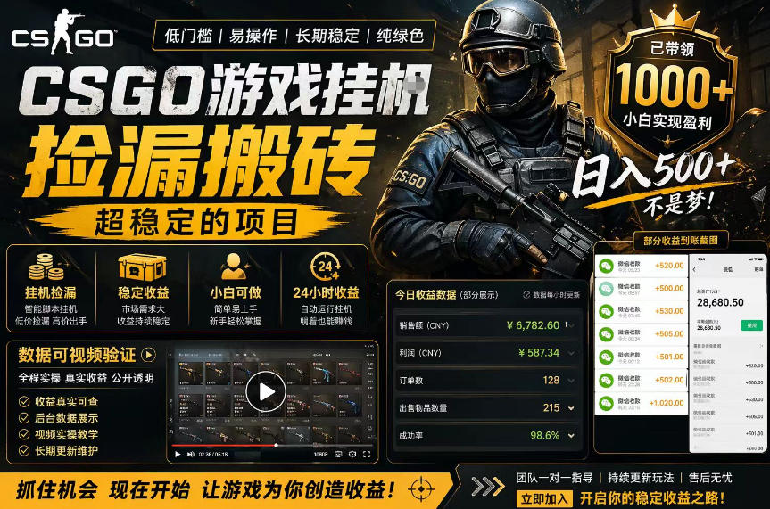 CSGO游戏搬砖，全自动挂G，不需要玩游戏，手机操作日入300+，解放双手【揭秘】-智云网创 - 网创副业项目资源站