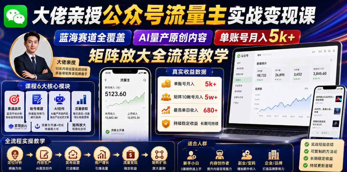大佬亲授公众号流量主实战变现课,蓝海赛道全覆盖,AI量产原创内容,单账号月入5k+矩阵放大全流程教学-智云网创 - 网创副业项目资源站