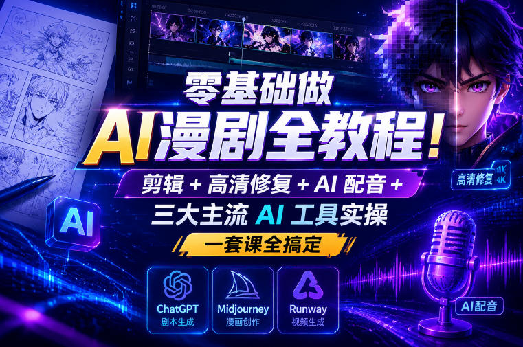零基础做AI漫剧全教程！剪辑+高清修复+AI配音+三大主流AI工具实操，一套课全搞定-智云网创 - 网创副业项目资源站
