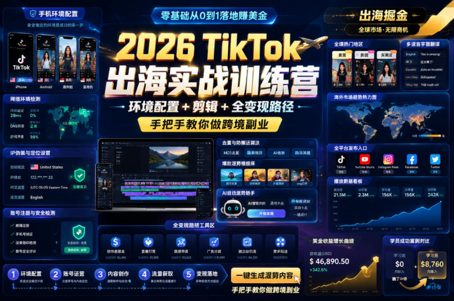 2026 TikTok出海实战训练营,环境配置 + 剪辑 + 全变现路径,手把手教你做跨境副业-智云网创 - 网创副业项目资源站