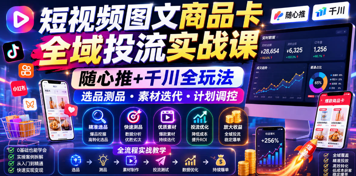短视频图文商品卡全域投流实战课,随心推+千川全玩法,选品测品・素材迭代・计划调控,提升ROI爆单增收教程-智云网创 - 网创副业项目资源站