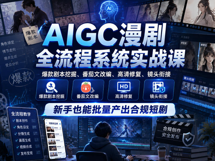 AIGC漫剧全流程系统实战课，爆款剧本挖掘、番茄文改编、高清修复、镜头衔接，新手也能批量产出合规短剧-智云网创 - 网创副业项目资源站