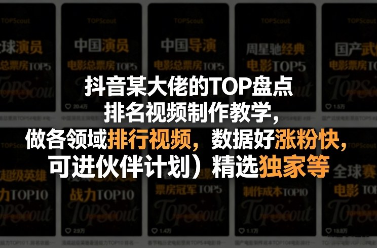 抖音某大佬的TOP盘点排名视频制作，做各领域排行视频，数据好涨粉快，可进伙伴计划＋精选独家等-智云网创 - 网创副业项目资源站
