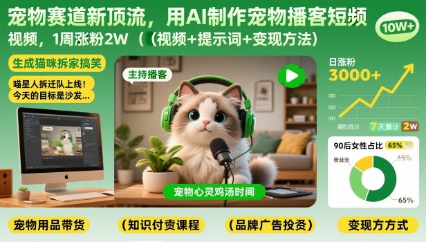宠物赛道新顶流，用AI制作宠物播客短视频，1周涨粉2W（视频+提示词+变现方法）-智云网创 - 网创副业项目资源站