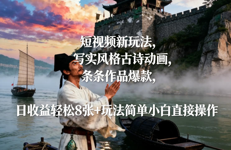 短视频新玩法,写实风格古诗动画,条条作品爆款,日收益轻松8张+玩法简单小白直接操作-智云网创 - 网创副业项目资源站