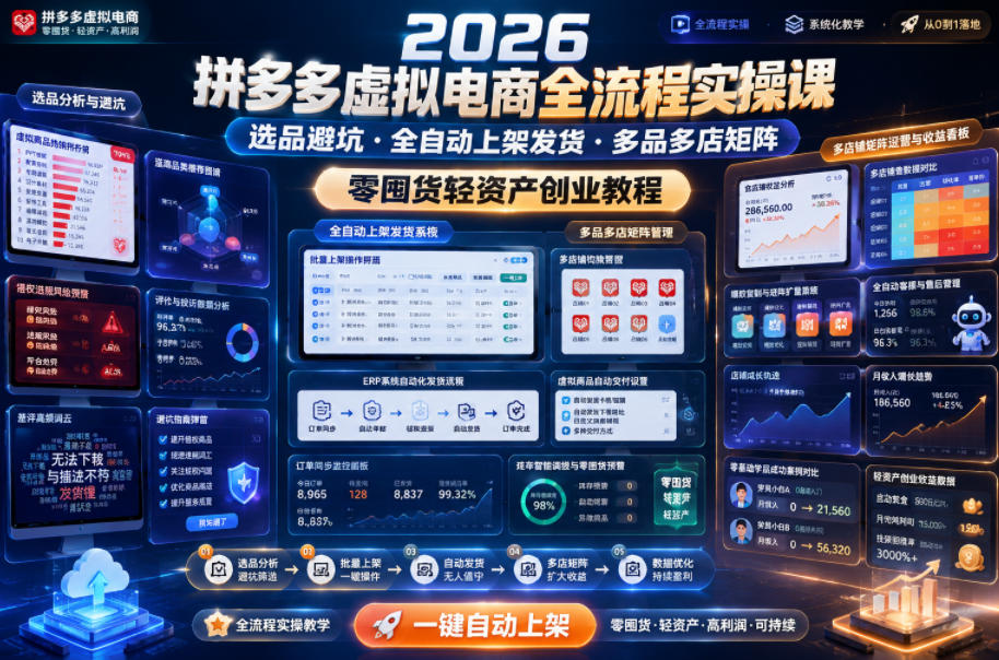 2026拼多多虚拟电商全流程实操课,选品避坑・全自动上架发货・多品多店矩阵,零囤货轻资产创业教程-智云网创 - 网创副业项目资源站