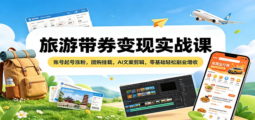 旅游带券变现实战课：账号起号涨粉，团购挂载，AI文案剪辑，零基础轻松副业增收-智云网创 - 网创副业项目资源站