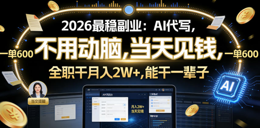 2026最稳副业：AI代写，不用动脑，当天见钱，一单600，全职干月入2W+，能干一辈子【揭秘】-智云网创 - 网创副业项目资源站