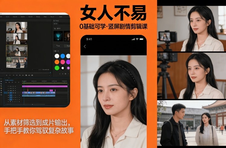 0基础可学!《女人不易》竖屏剧情剪辑课,从素材筛选到成片输出,手把手教你驾驭复杂故事