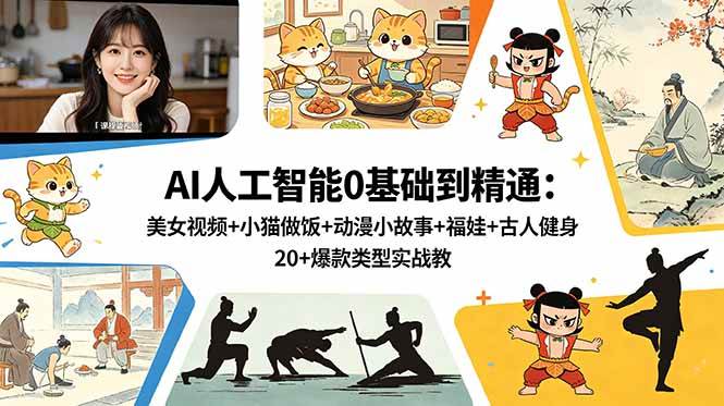 (18685期)AI人工智能0基础到精通:美女视频+小猫做饭+动漫小故事+福娃+古人健身,20+爆款类型实战教学-智云网创 - 网创副业项目资源站