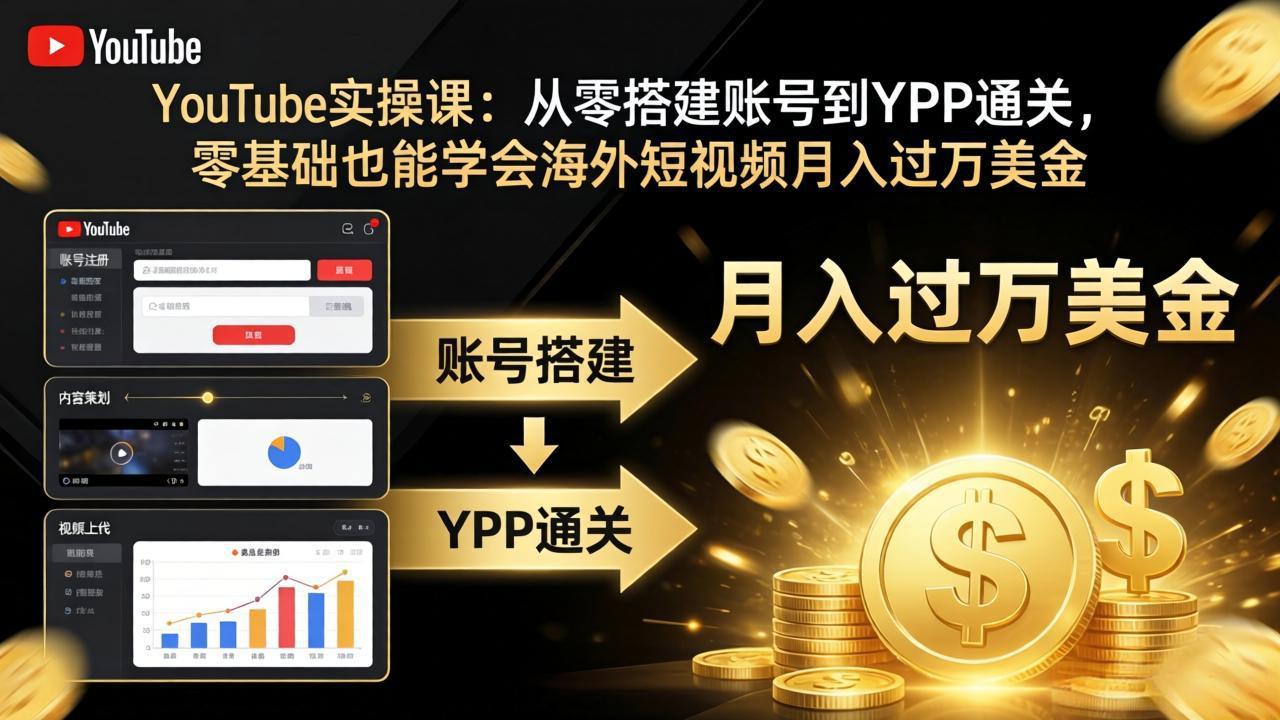 YouTube实操课:从零搭建账号到YPP通关,零基础也能学会海外短视频月入过万美金-智云网创 - 网创副业项目资源站