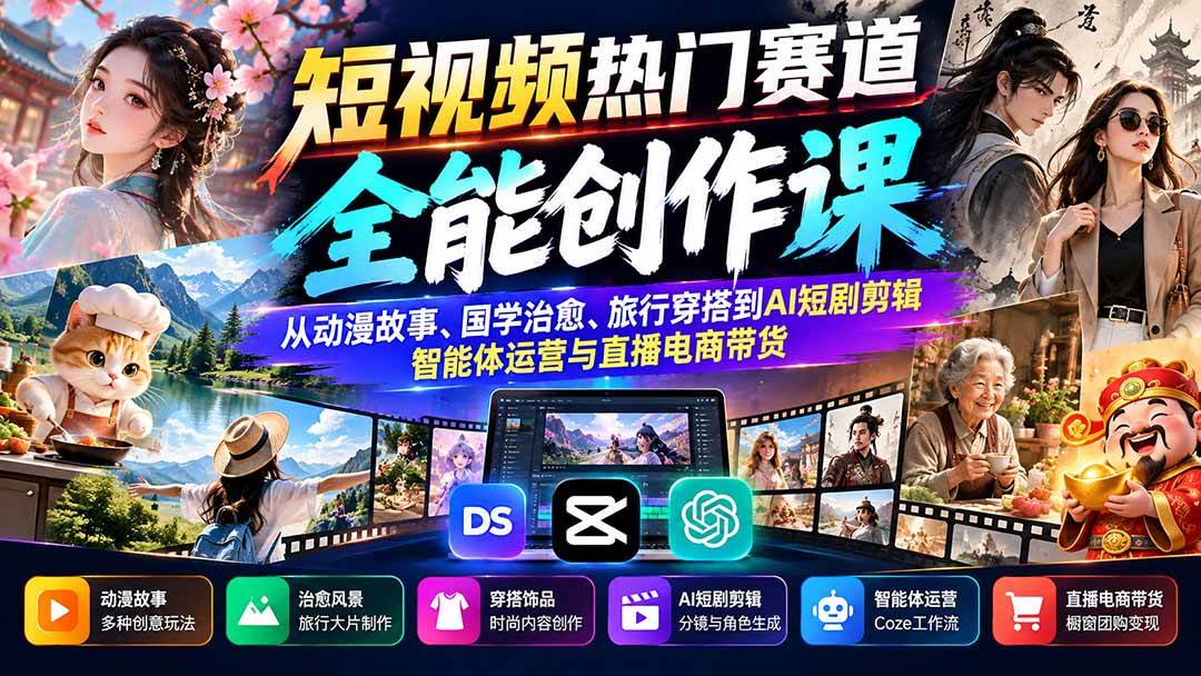 （20956期）短视频热门赛道全能创作课：从动漫故事、国学治愈、旅行穿搭到AI短剧剪辑、智能体运营与直播电商带货-智云网创 - 网创副业项目资源站