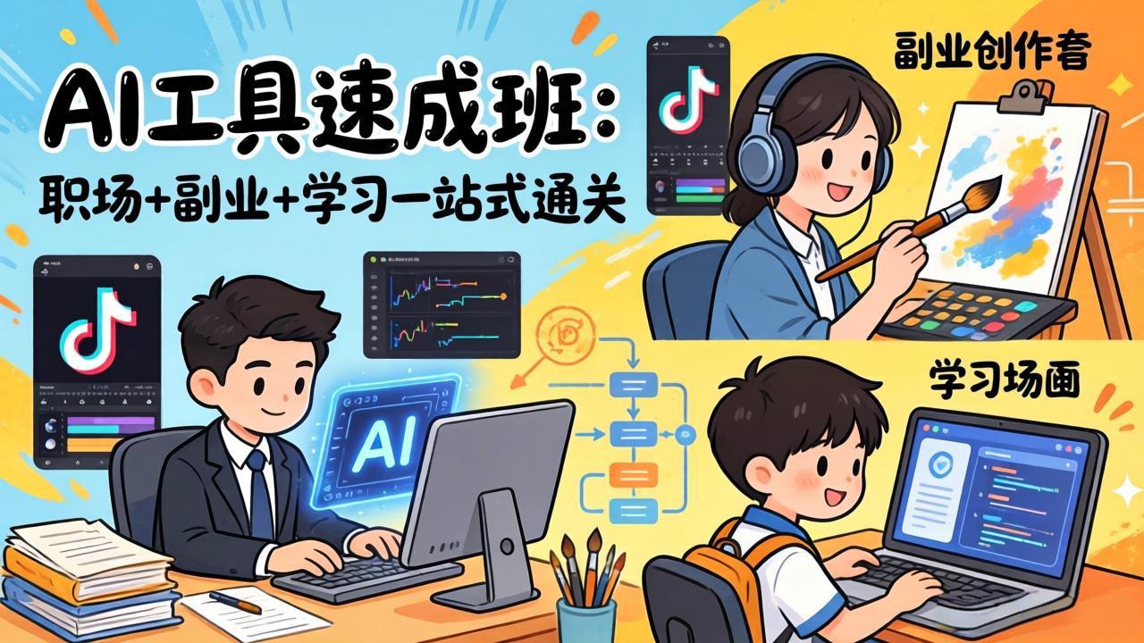 AI工具速成班：职场+副业+学习一站式通关，20+爆款类型+剪映技巧+抖音算法，0基础快速上手-智云网创 - 网创副业项目资源站