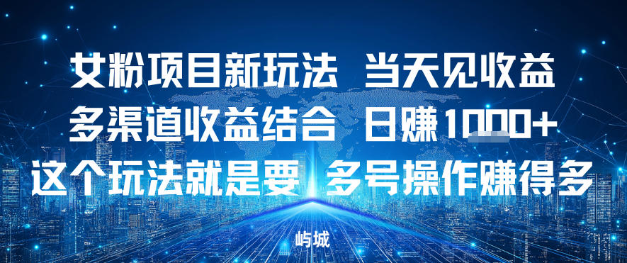 女粉项目新玩法当天见收益多渠道收益结合,日入多张,这个玩法就是要,多号操作賺得多-智云网创 - 网创副业项目资源站