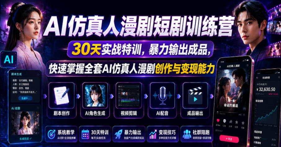 AI仿真人漫剧短剧训练营，30天实战特训，暴力输出成品，快速掌握全套AI仿真人漫剧创作与变现能力-智云网创 - 网创副业项目资源站