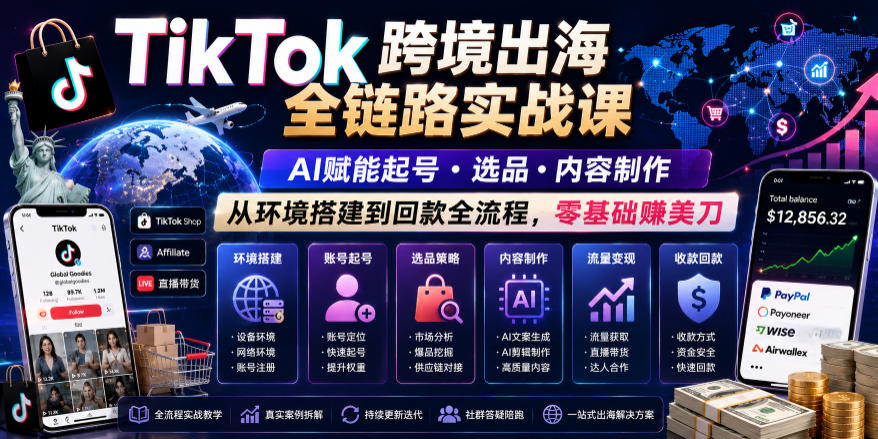 TikTok跨境出海全链路实战课，AI赋能起号・选品・内容制作，从环境搭建到回款全流程，零基础賺美刀-智云网创 - 网创副业项目资源站