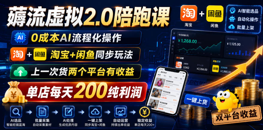 薅流虚拟2.0陪跑课，0成本AI流程化操作，淘宝+闲鱼同步玩法，上一次货两个平台有收益，单店每天200纯利润-智云网创 - 网创副业项目资源站
