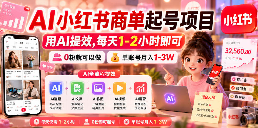 AI小红书商单起号项目,用AI提效,每天1-2小时即可,0粉就可以做,单账号月入1-3W-智云网创 - 网创副业项目资源站