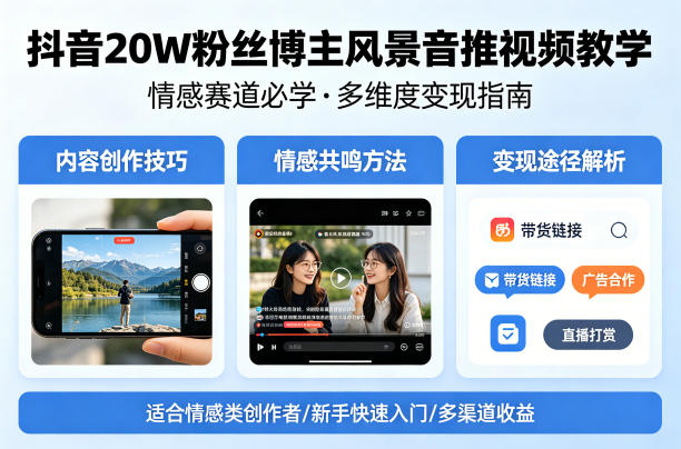 抖音20W粉丝博主风景音推视频教学,情感赛道必学,各种变现途径-智云网创 - 网创副业项目资源站