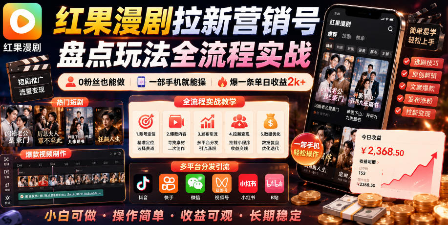 红果漫剧拉新营销号盘点玩法全流程实战,0粉丝也能做,一部手机就能做,爆一条单日收益2k+-智云网创 - 网创副业项目资源站