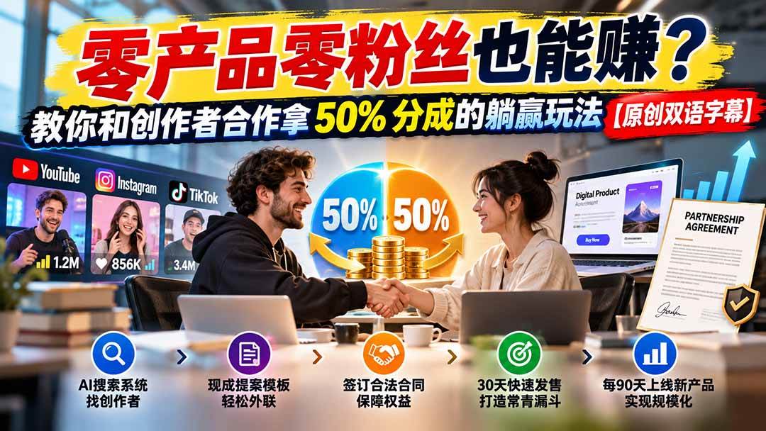（20957期）零产品零粉丝也能赚？教你和创作者合作拿 50% 分成的躺赢玩法【原创双语字幕】-智云网创 - 网创副业项目资源站