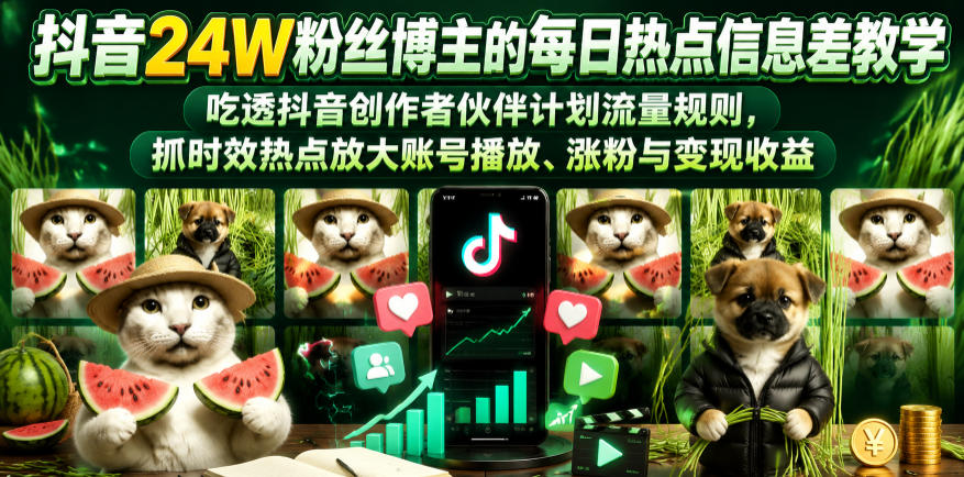 抖音24W粉丝博主的每日热点信息差教学,吃透创作者伙伴计划流量规则,抓时效热点放大账号播放、涨粉与变现收益(更新)-智云网创 - 网创副业项目资源站