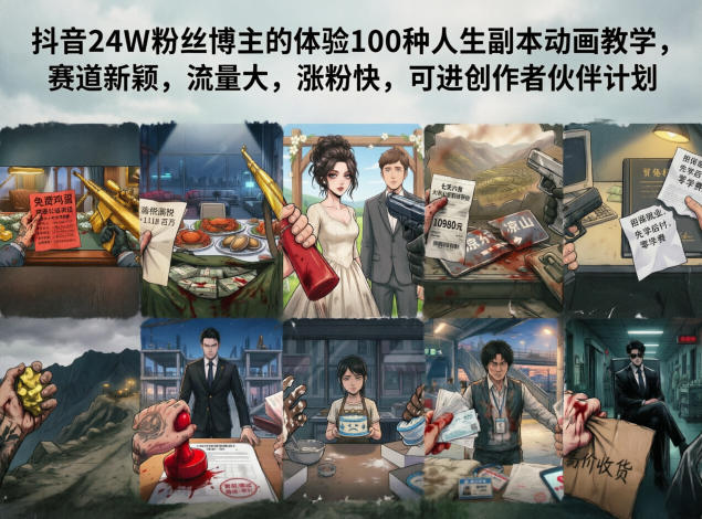 抖音24W粉丝博主的体验100种人生副本动画教学，赛道新颖，流量大，涨粉快，可进创作者伙伴计划-智云网创 - 网创副业项目资源站