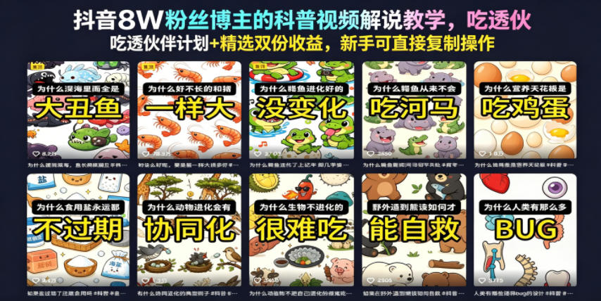 抖音8W粉丝博主的科普视频解说教学,吃透伙伴计划+精选双份收益,新手可直接复制操作-智云网创 - 网创副业项目资源站