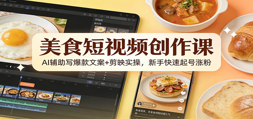 美食短视频创作课：AI辅助写爆款文案+剪映实操，新手快速起号涨粉-智云网创 - 网创副业项目资源站
