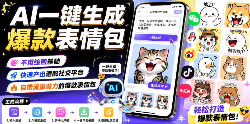 AI一键生成爆款表情包，不用绘画基础，快速产出适配社交平台，自带流量潜力的爆款表情包-智云网创 - 网创副业项目资源站