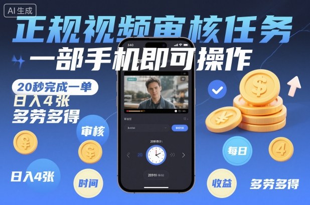 正规视频审核任务，一部手机即可操作，20秒完成一单，日入4张，多劳多得【揭秘】-智云网创 - 网创副业项目资源站