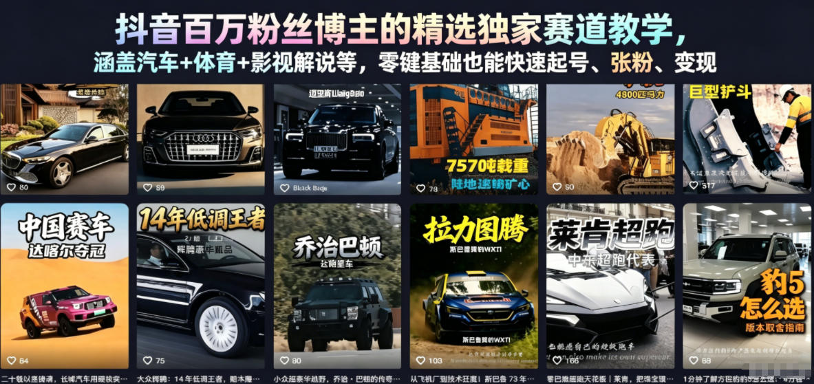 抖音百万粉丝博主的精选独家赛道教学，涵盖汽车+体育+影视解说等，零基础也能快速起号、涨粉、变现-智云网创 - 网创副业项目资源站