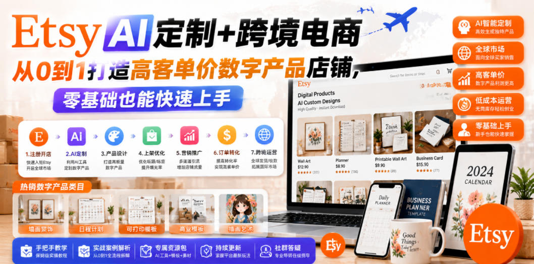Etsy AI定制+跨境电商，从0到1打造高客单价数字产品店铺，零基础也能快速上手-智云网创 - 网创副业项目资源站