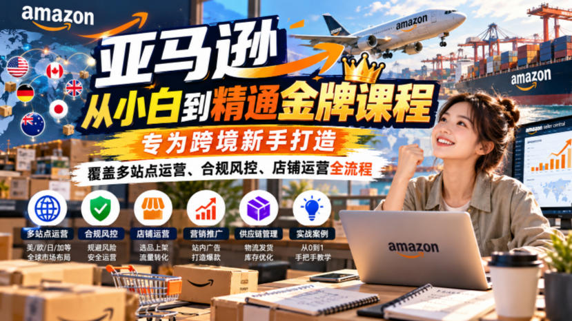 亚马逊从小白到精通金牌课程，专为跨境新手打造，覆盖多站点运营、合规风控、店铺运营全流程-智云网创 - 网创副业项目资源站