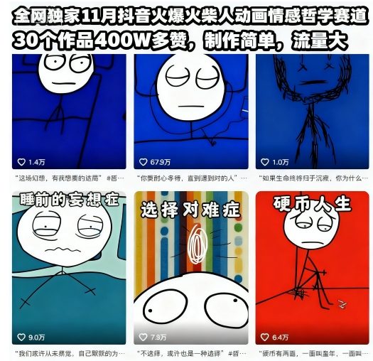 全网独家11月抖音火爆火柴人动画情感哲学赛道，30个作品400W多赞，制作简单，流量大【教学+素材】-智云网创 - 网创副业项目资源站