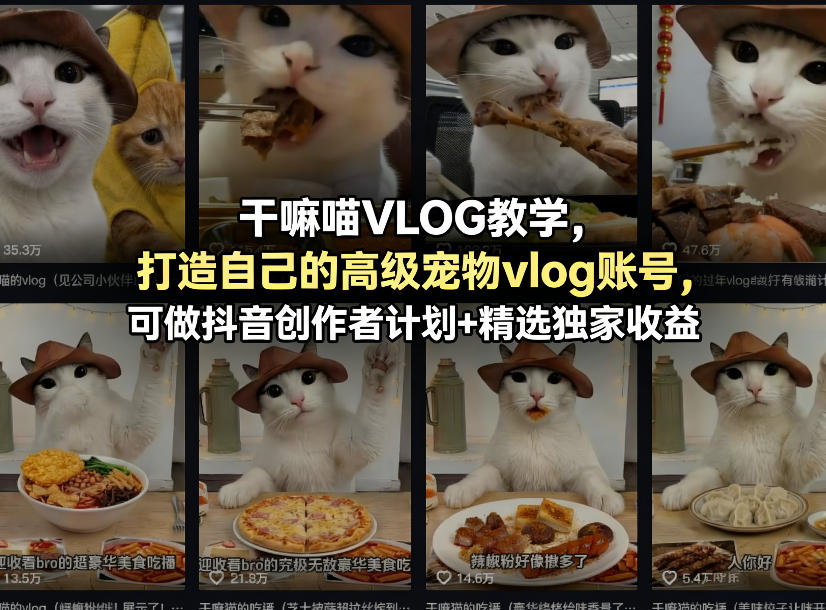 干嘛喵VLOG教学，打造自己的高级宠物vlog账号，可做抖音创作者计划+精选独家收益-智云网创 - 网创副业项目资源站
